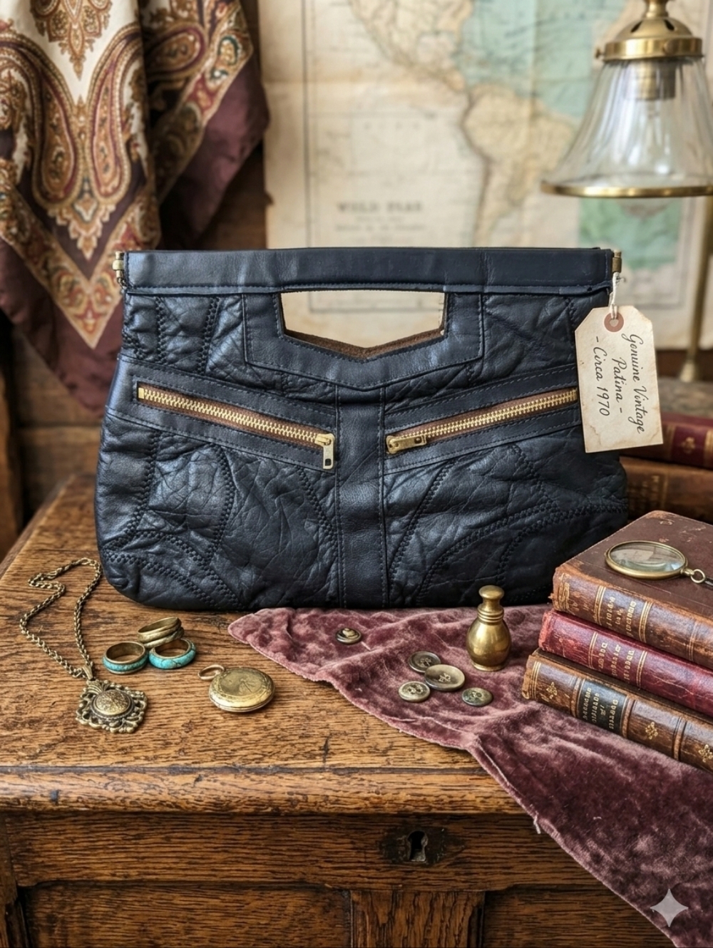 VTG 70s Finesse La Model Soft Patchwork Leather Clutch Bag - Black Brass f Logo